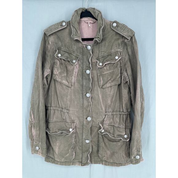 Free People Jacket Womens Small Green Military Olive Pink Button Grunge Boho - Picture 6 of 9